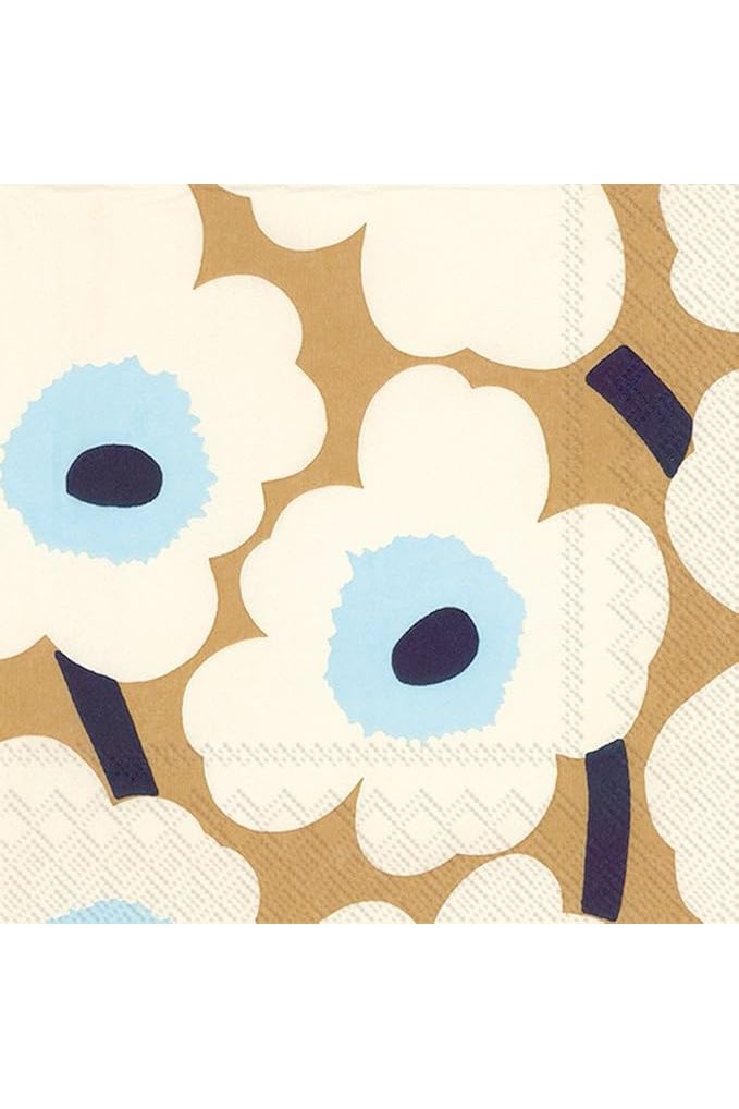 IHR Paper Luncheon Napkin Marimekko Unikko Cream Gold. A Pattern of white flowers with blue centres and brown stems on a beige background