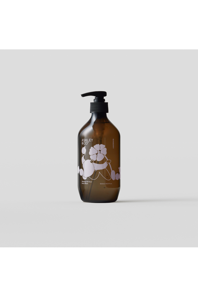 Clear Cut Image of Ashley & Co's Limited Edition Bonberry Wash Up All Over Botanical Body Wash Bottle featuring  a bespoke illustration by bespoke illustrations by Copenhagen-based illustrator Morten Kantsø,