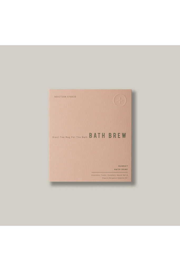 Addition Studio Giant Tea Bag for the Bath. Bath brew package featuring 'Addiction Studio' branding on a beige background.