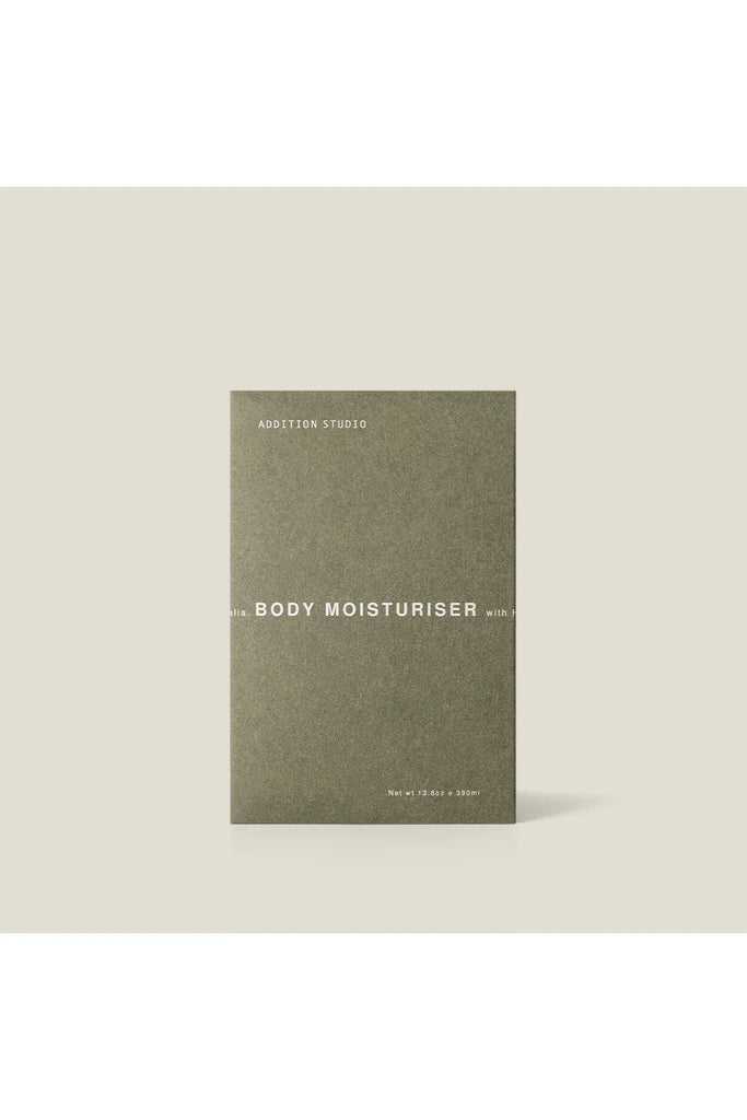 Addition Studio Daily Body moisturiser packaging. Moisturiser packaging with 'Addition Studio' branding on a light beige background.
