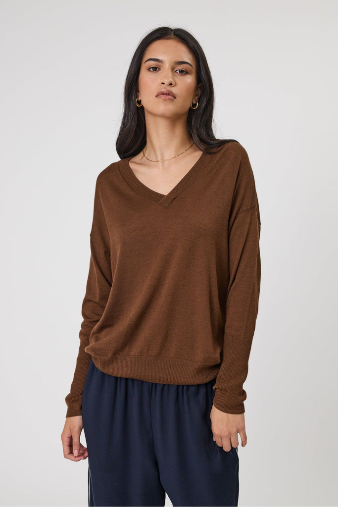 Marlow Alto Merino V Neck Jumper Walnut Brown