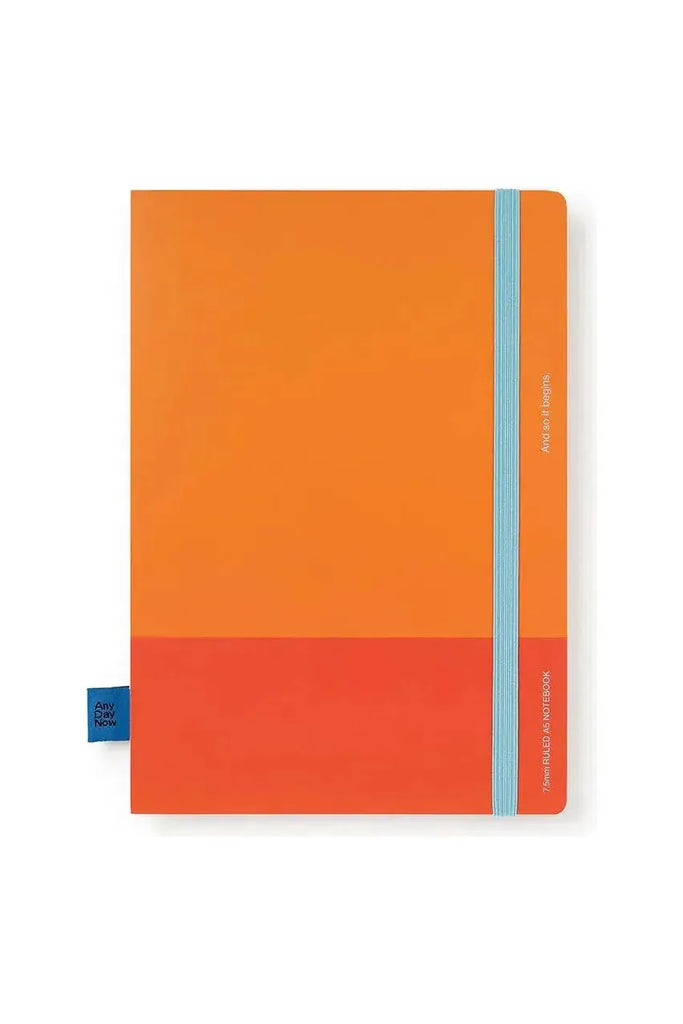 Any Day Now Bright Bound Notebook A5 Ruled. Orange and Red Cover with a Light Blue Elasticised Page Holder.