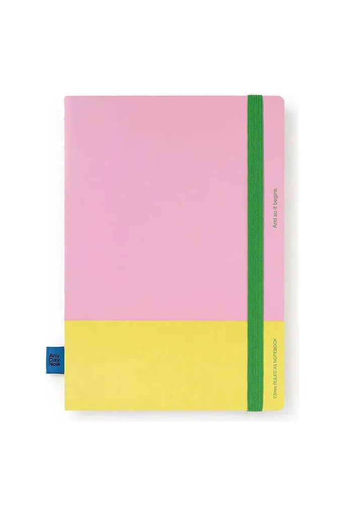 Any Day Now Bright Bound A5 Ruled Notebook. Pink and Yellow Cover with Green Elasticised Page Holder.