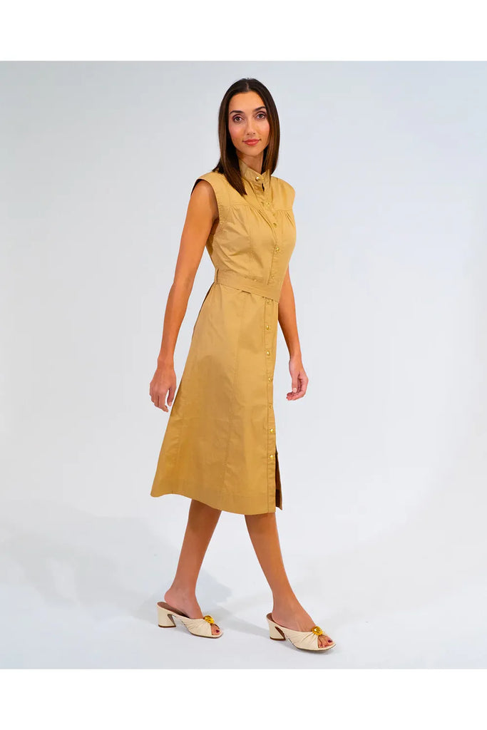 Woman wearing a camel cotton shirt dress on a white background. Arlington Milne Iris dress in Camel.