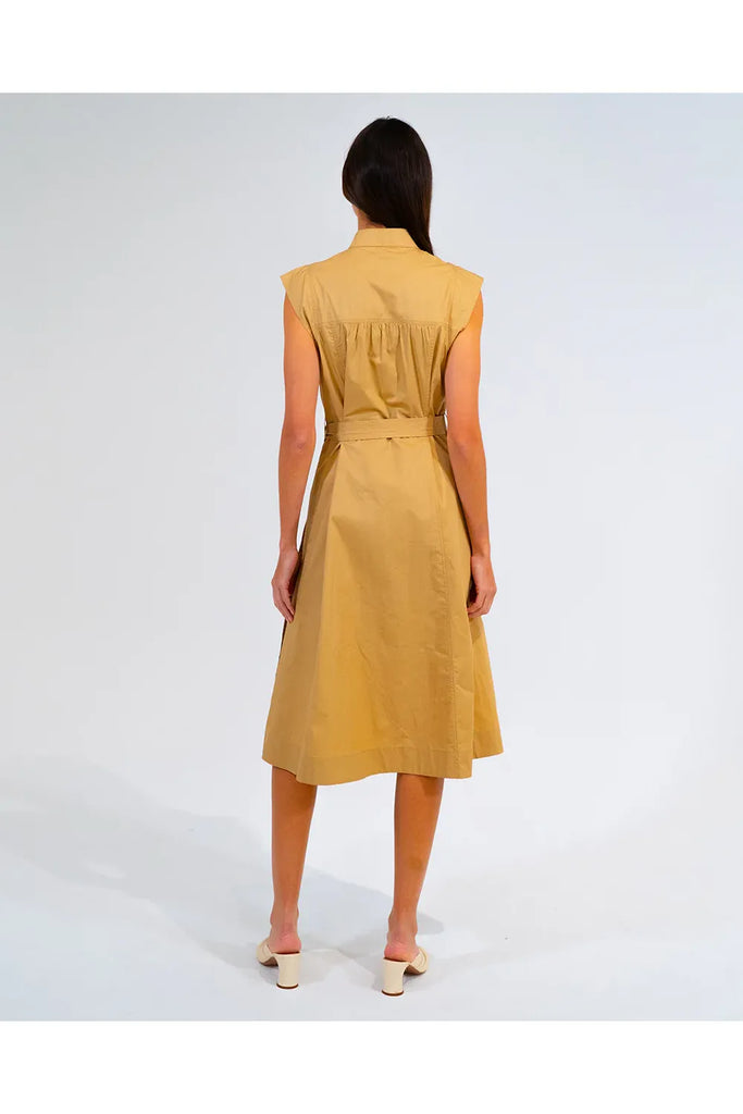 Woman wearing a camel cotton shirt dress on a white background. Arlington Milne Iris dress in Camel.