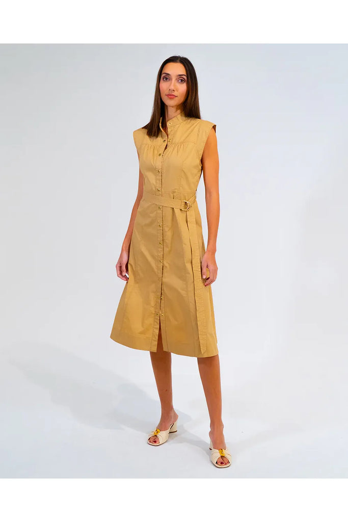 Woman wearing a camel cotton shirt dress on a white background. Arlington Milne Iris dress in Camel.