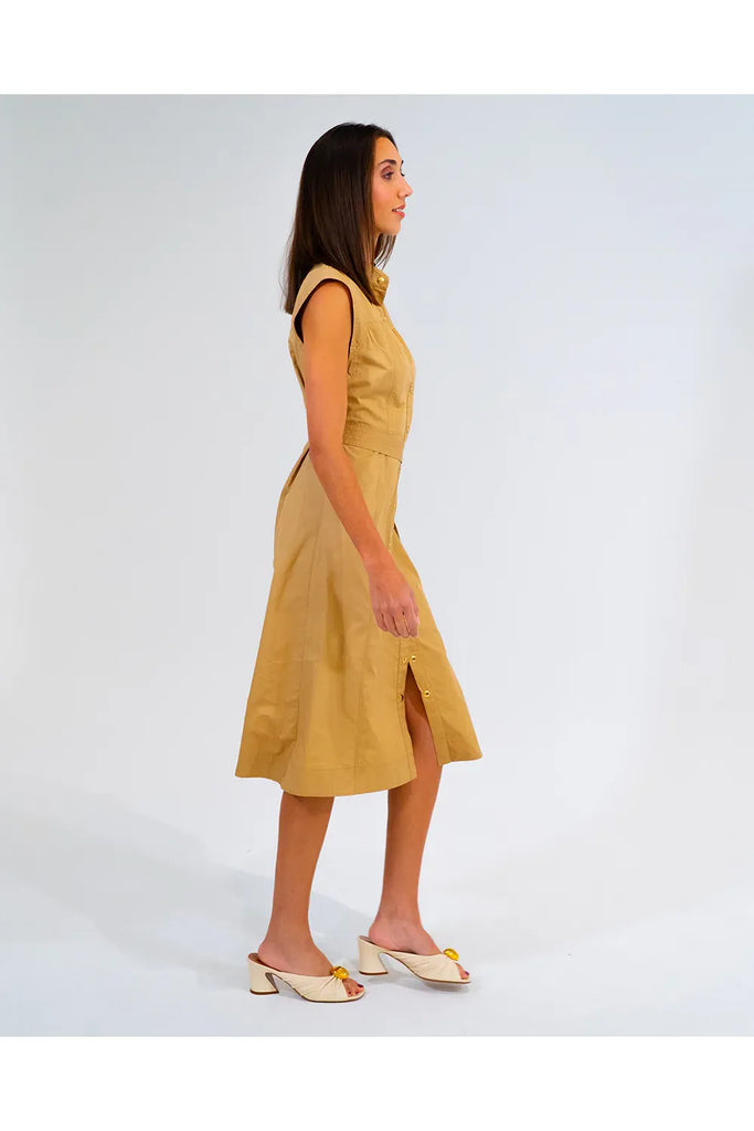 Woman wearing a camel cotton shirt dress on a white background. Arlington Milne Iris dress in Camel.