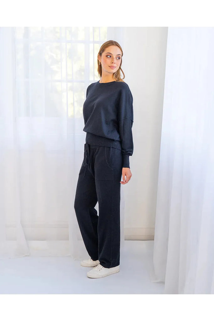 Arlington Milne Lucy Knit Sweater Black Cotton Cashmere with matching Kelsey Lounge Pant Black Cotton Cashmere