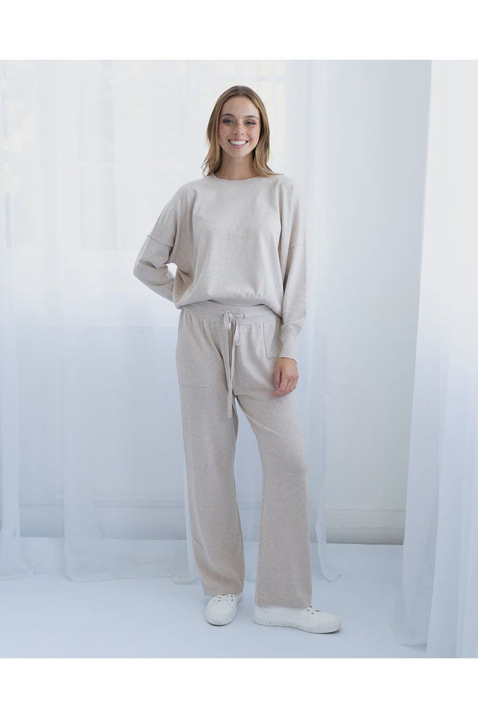 Arlington Milne Lucy Knit Sweater Sandstone worn with matching Kelsey Lounge Pant in Sandstone