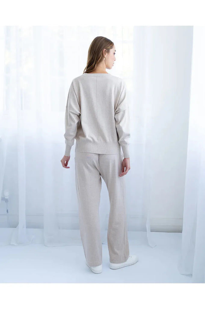 Arlington Milne Lucy Knit Sweater Sandstone worn with matching Kelsey Lounge Pant in Sandstone