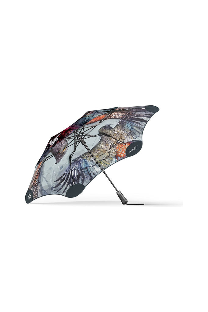 Blunt X Forest & Bird Metro Umbrella featuring a Kea & Kaha Bird Design by Rachel Walker. Clear cut image of the umbrella showing underside of the canpopy.