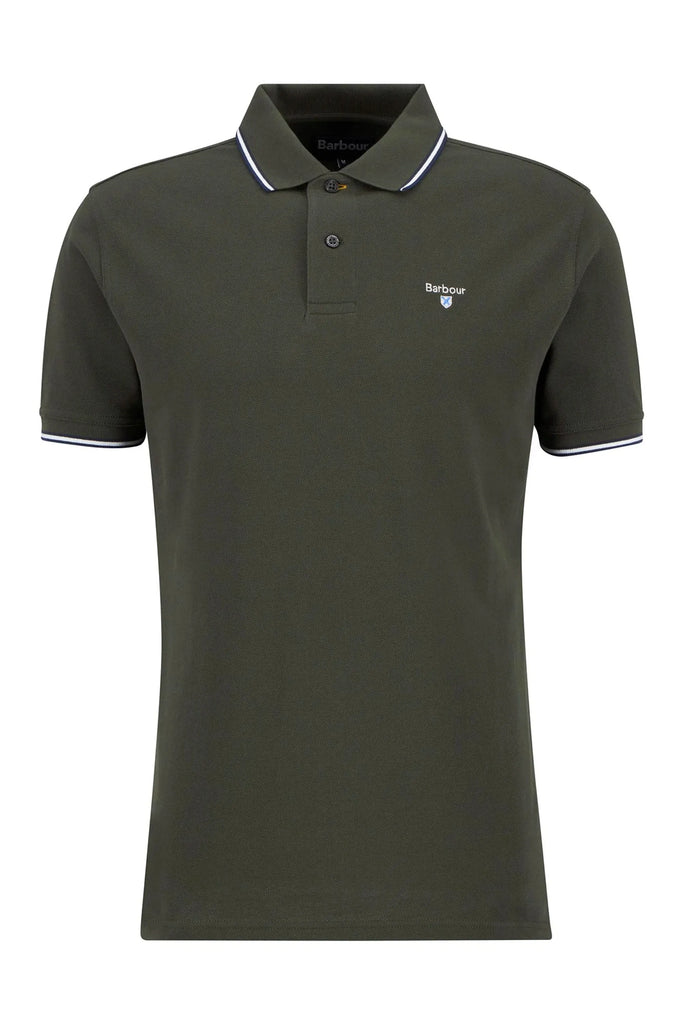 Barbour Fielding Tailored Polo Shirt in Olive against a grey background
