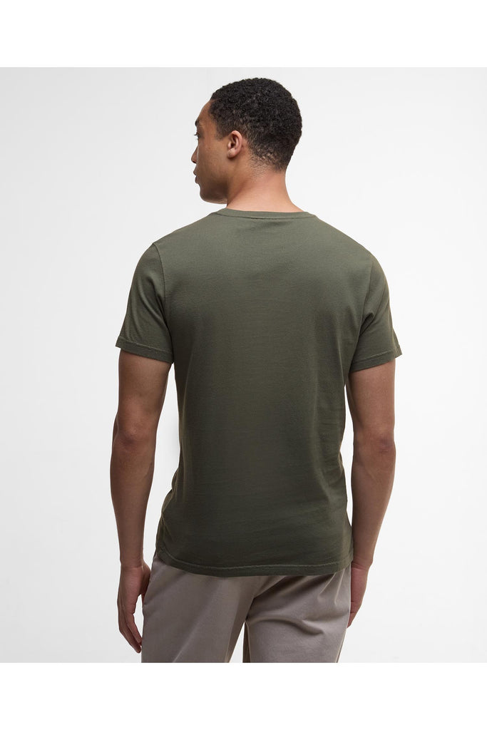 Man wearing a green Barbour t-shirt with 'Barbour 1894' text on a white background. Barbour Hollins Applique T Shirt in Thyme.