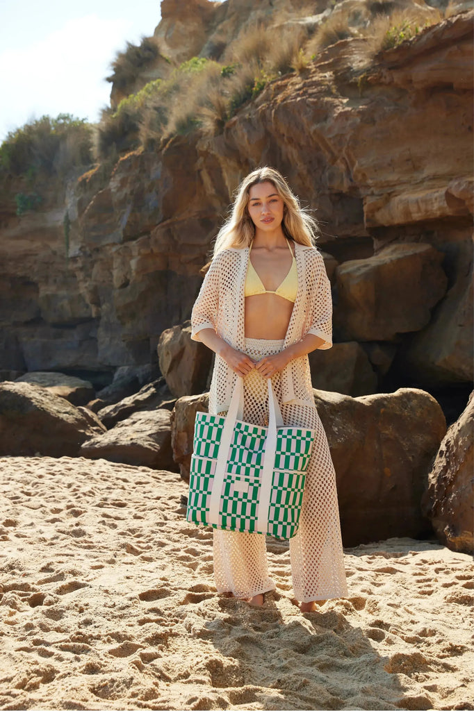 Beach Tote | Beach Base | Apple Green + Soft Pink Check Tote Bags Base Supply