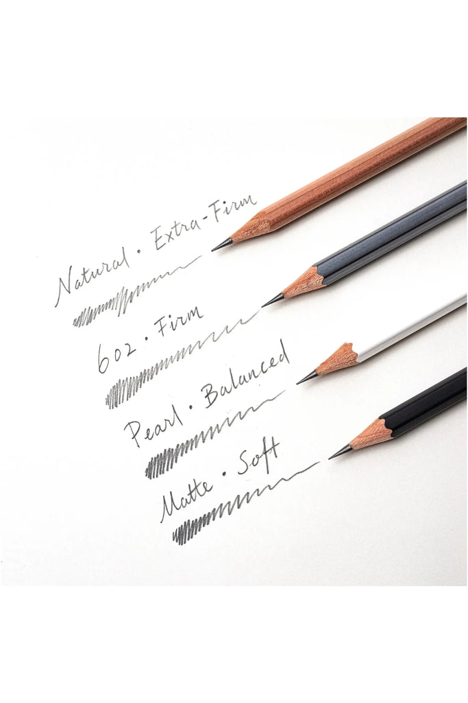 Blackwing Audition Pack Set of 4 Pencils. Image shows the sharpened nib end of each pencil and describes the lead in each pencil and a scribble shows how it draws or writes on paper. 