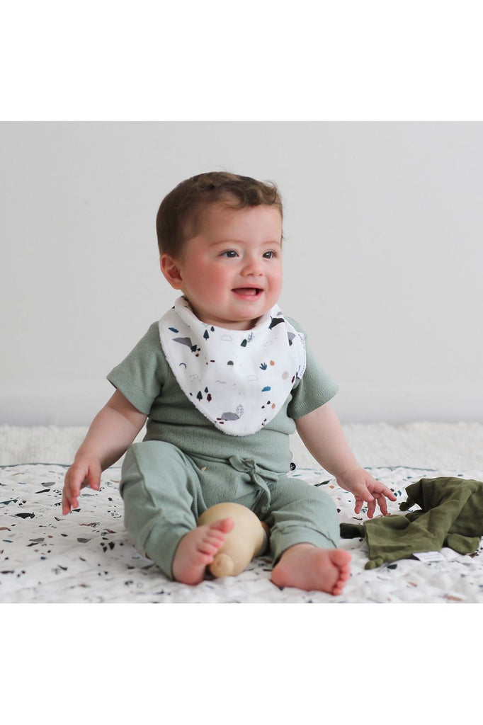 Burrow_Be_Garden_Treasures_Dribble_Bib_Image shows bib been worn by a sitting baby boy.