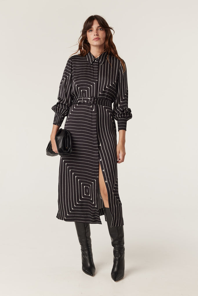 Imogen Dress | Linear Print Midi Dress 8,10,12,14 Cable Melbourne