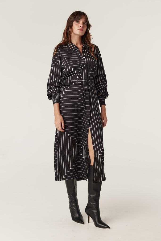 Imogen Dress | Linear Print Midi Dress 8,10,12,14 Cable Melbourne