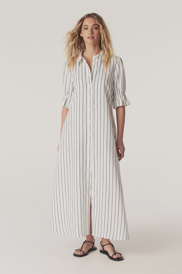 Cable Melbourne Avondale Linen Dress  White with a Navy stripe