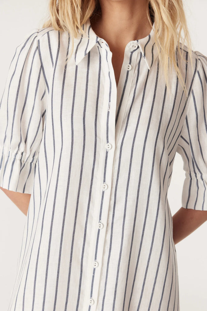 Cable Melbourne Avondale Linen Dress  White with a Navy stripe