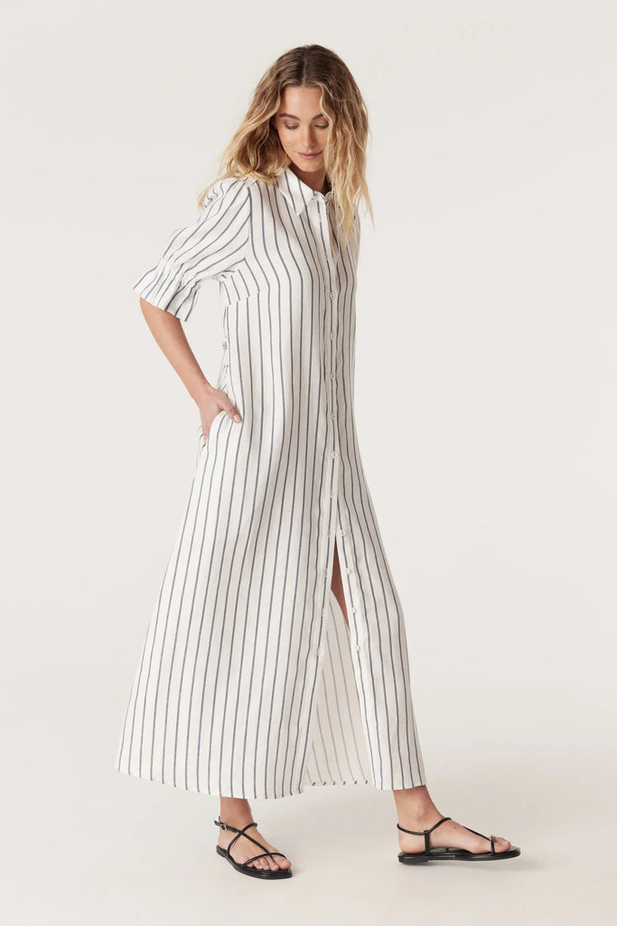 Cable Melbourne Avondale Linen Dress  White with a Navy stripe