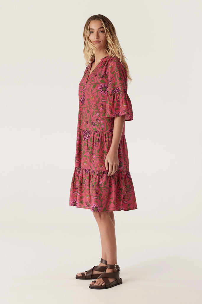 Cable Melbourne Balmoral Pink Tiered Dress Floral side view on model