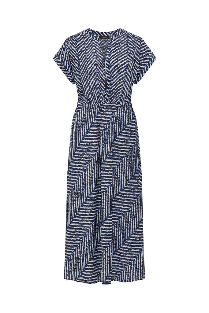 Blue and white patterned dress on a plain background. Cable Seabreeze dress in chevron print.