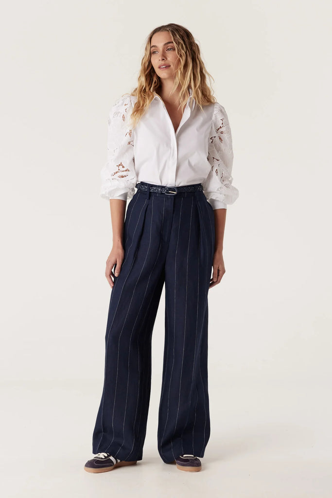 Cable Melbourne Plaited Skinny Belt Navy worn with Freya Linen Pant