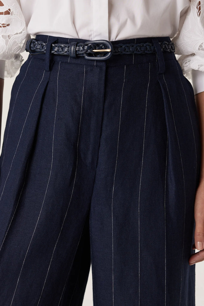 Cable Melbourne Plaited Skinny Belt Navy worn with Freya Linen Pant