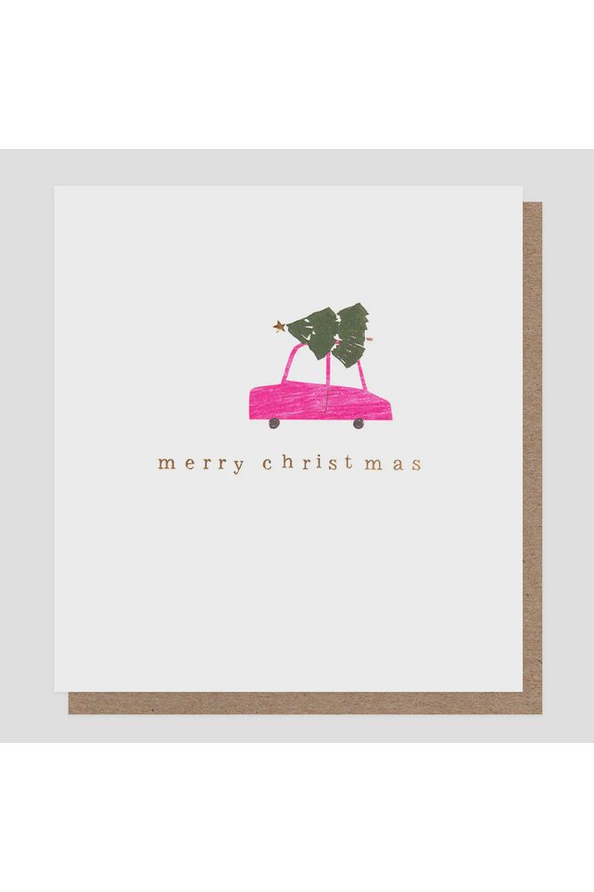 Greeting Card |  Pink Car w Christmas Tree Atop Merry Christmas Christmas Greeting Cards Caroline Gardner