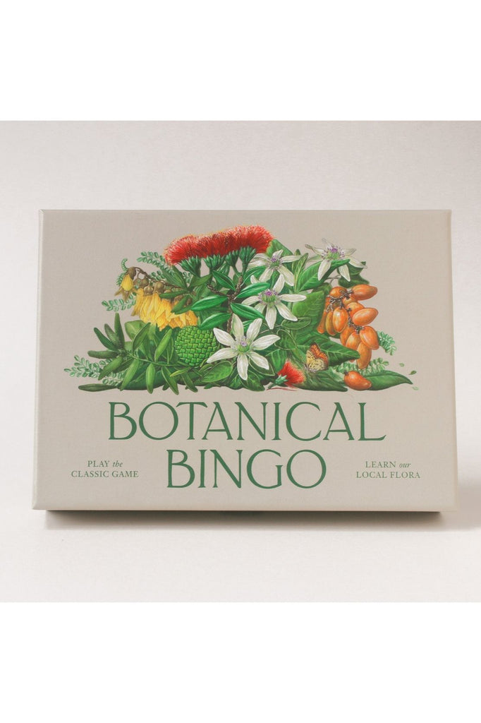 Connor Collection NZ Botanical Bingo Game. Showing Box Front. A limited edition botanical bingo game featuring 48 hand-painted Aotearoa native flora cards and a trivia booklet. Includes playing counters in a cotton bag.