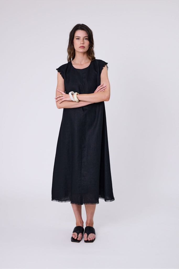 Costa Linen Dress | Black Midi Dress XS,S,M,L Marlow