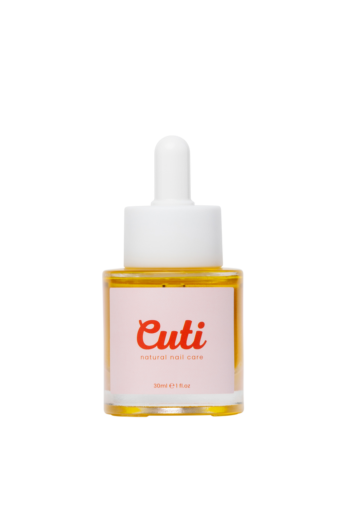 Cuti, bottle of 'Cuti' natural nail care product on a white background