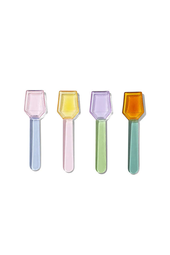Sucker Set of Four multicoloured glass spoons on a white background.