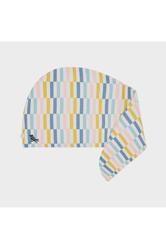 Clear Cut Image of Boardwalk Waffle Hair Wrap.  Hairwrap has small coloured stripe blocks in yellow, blue, pale blue and pale pink