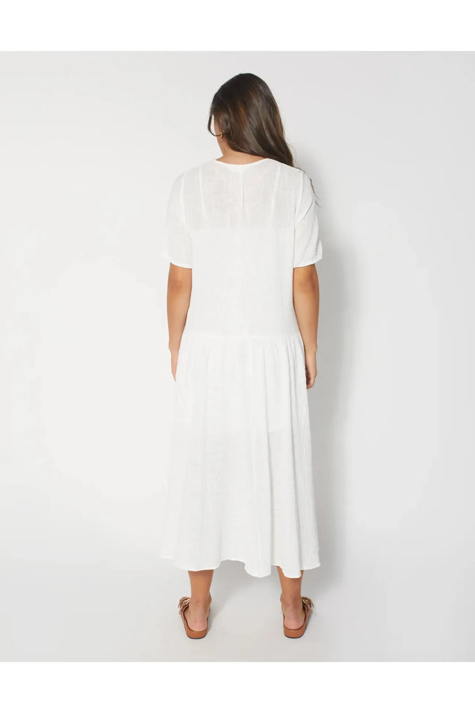 Dear Sutton Sena White Dress, Short Sleeved, Midi Length, Cotton Muslin White Dress, back model view