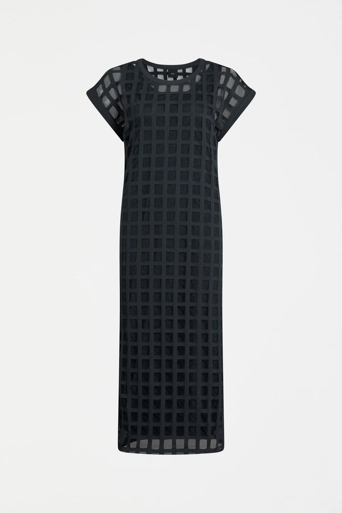 Clear cut image of a dark blue checkered dress on a white background. Elk Grid Burnout Dress in Space Blue.