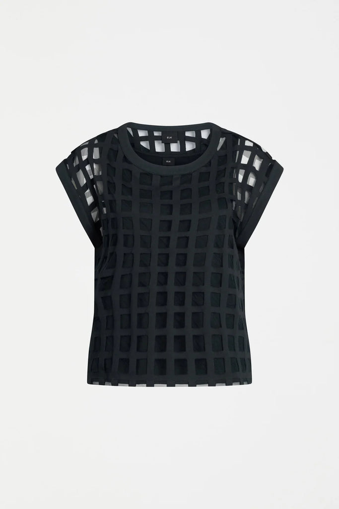 Clear cut dark blue patterned top on a white background. Elk Grid Burnout top in Space Blue.