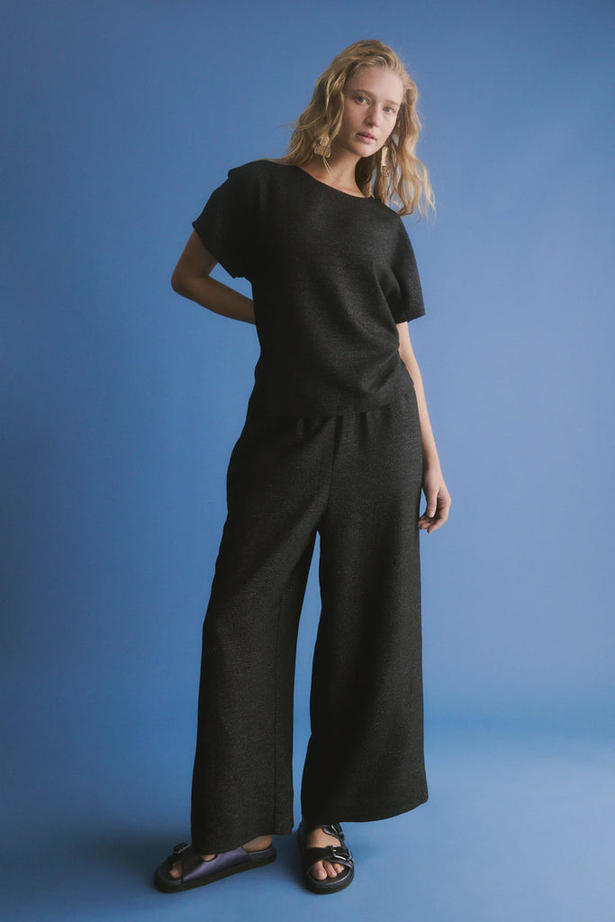 Person wearing a black sparkly outfit against a blue background. Elk Tulle Pant and Top.