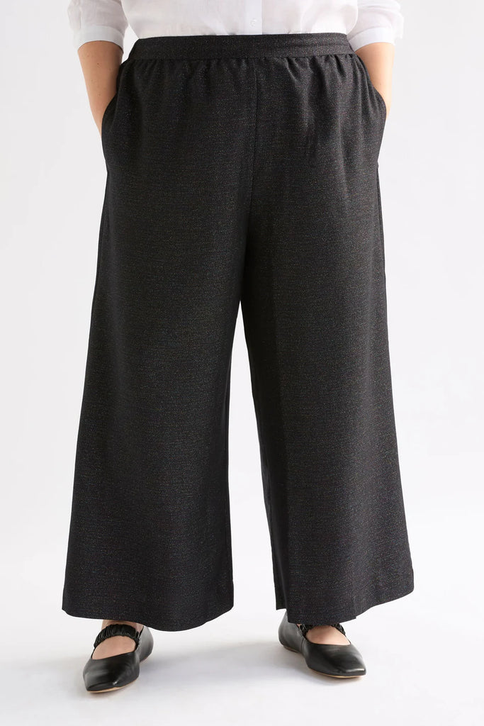 Person wearing a black sparkly pant against a white background. Elk Tulle Pant.