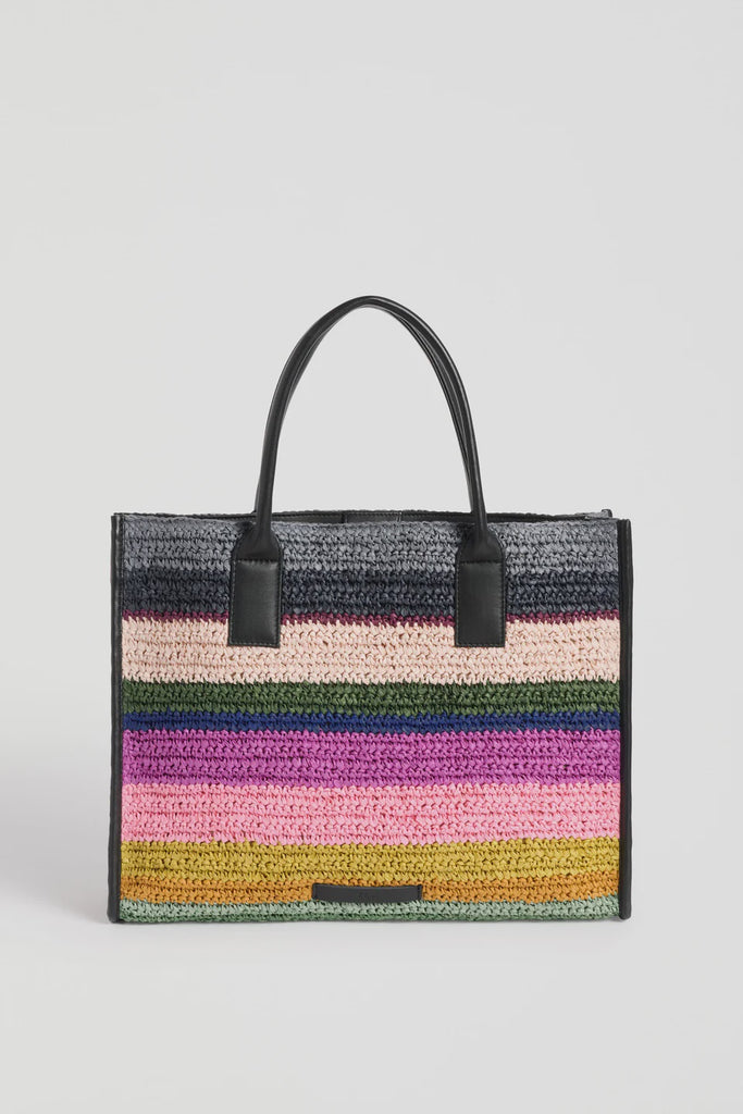 Multicolored striped handbag with black handle on a light gray background. Elk Vavda Tote Kalla Print