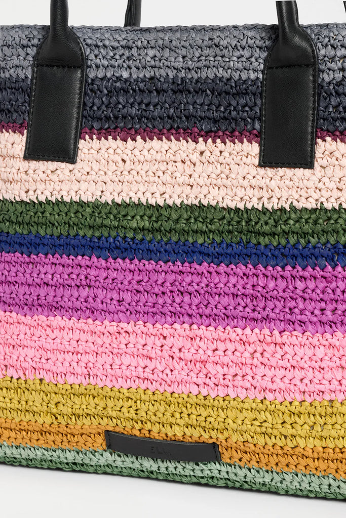 Multicolored striped handbag with black handle. Elk Vavda Tote Kalla Print