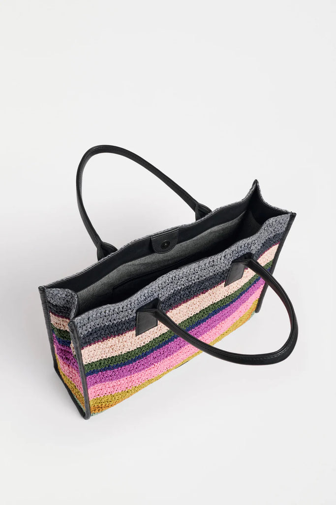 Multicolored striped handbag with black handle. Elk Vavda Tote Kalla Print