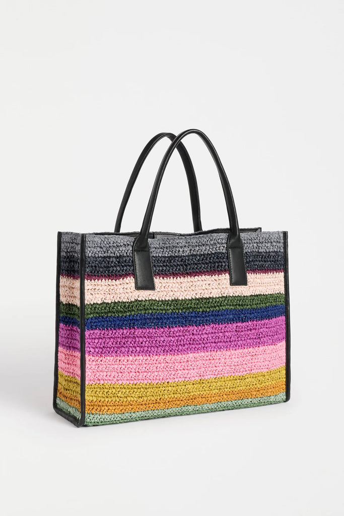 Multicolored striped handbag with black handle. Elk Vavda Tote Kalla Print
