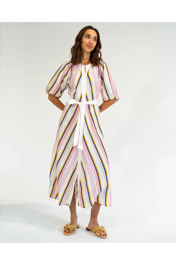 Woman wearing a striped dress on a white background. Elms & King Cannon Dress in Catalina Stripe.
