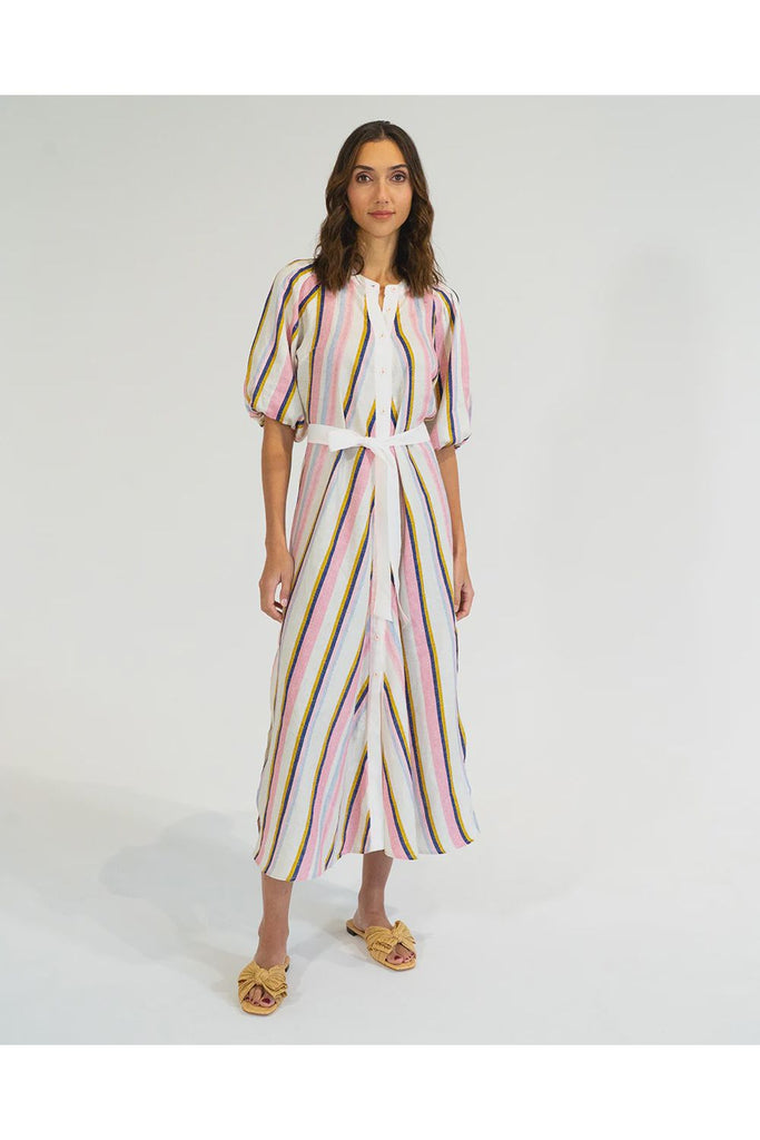 Woman wearing a striped dress on a white background. Elms & King Cannon Dress in Catalina Stripe.