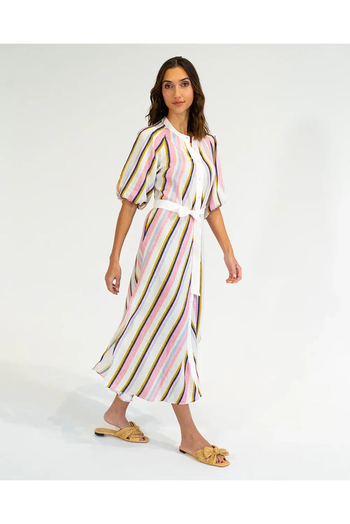 Woman wearing a striped dress on a white background. Elms & King Cannon Dress in Catalina Stripe.