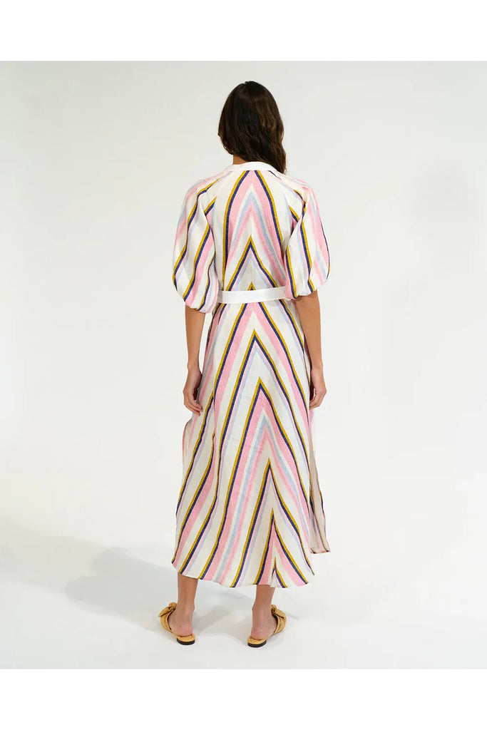 Woman wearing a striped dress on a white background. Elms & King Cannon Dress in Catalina Stripe.