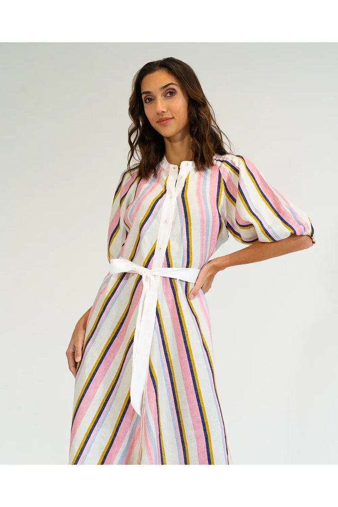Woman wearing a striped dress on a white background. Elms & King Cannon Dress in Catalina Stripe.