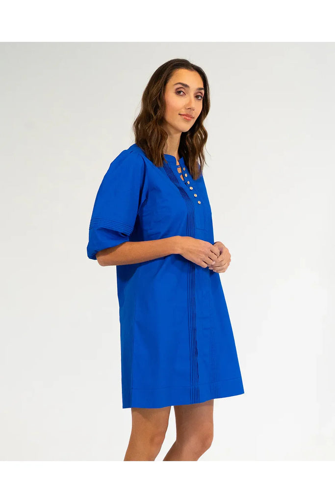 Woman wearing a cobalt blue dress on a white background. Elms & King Monterey Mini Dress in Cobalt Blue.